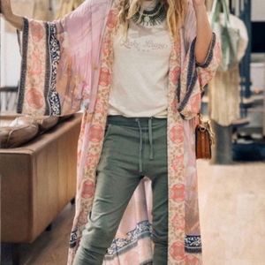 NEW Gypsy Floral Maxi Kimono Duster Cardigan Robe Retro Dusty Pink Black